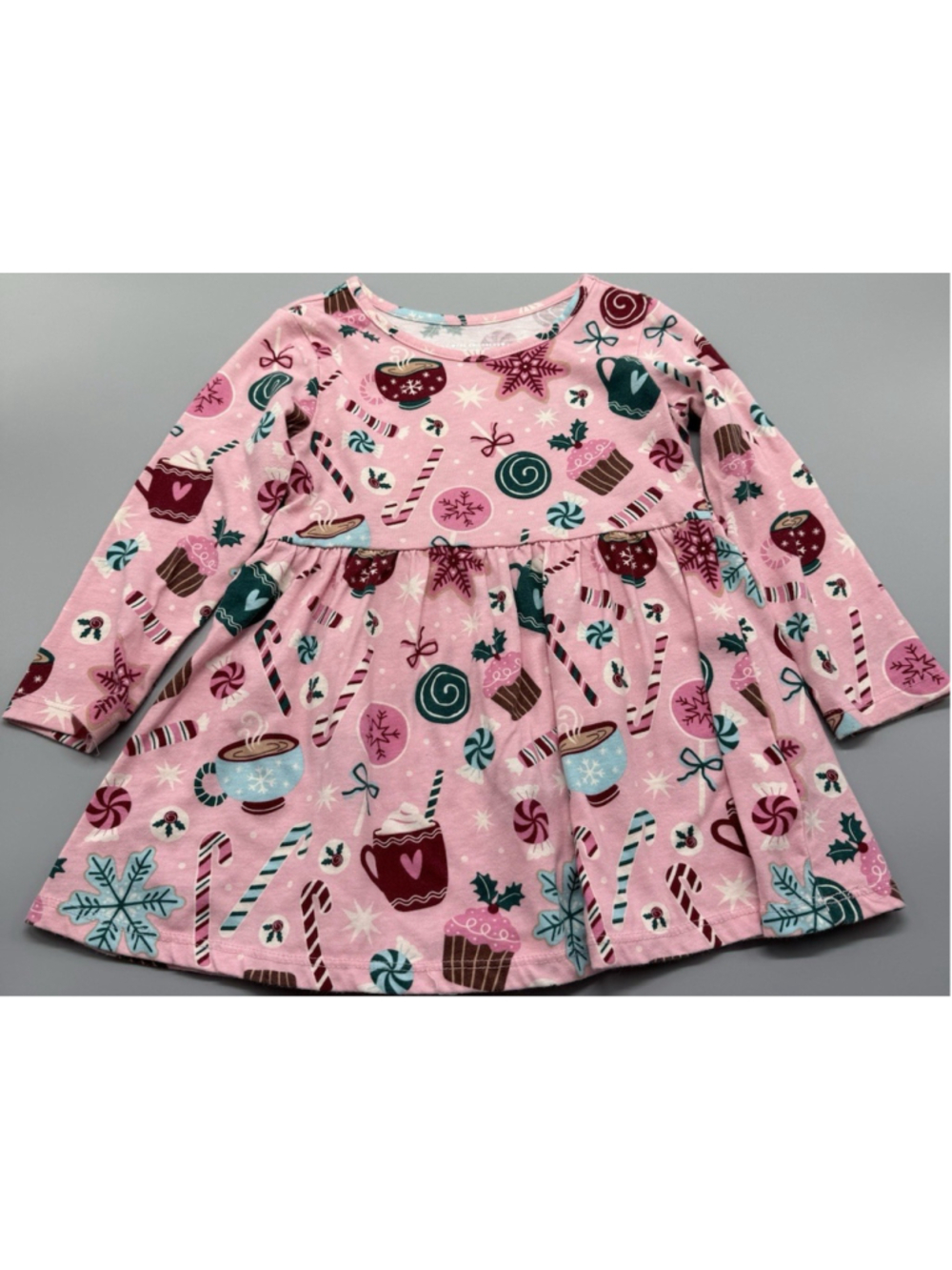 The Children's Place Pink Holiday Print Fit & Flare Dress 3T Girls Long Sleeve
